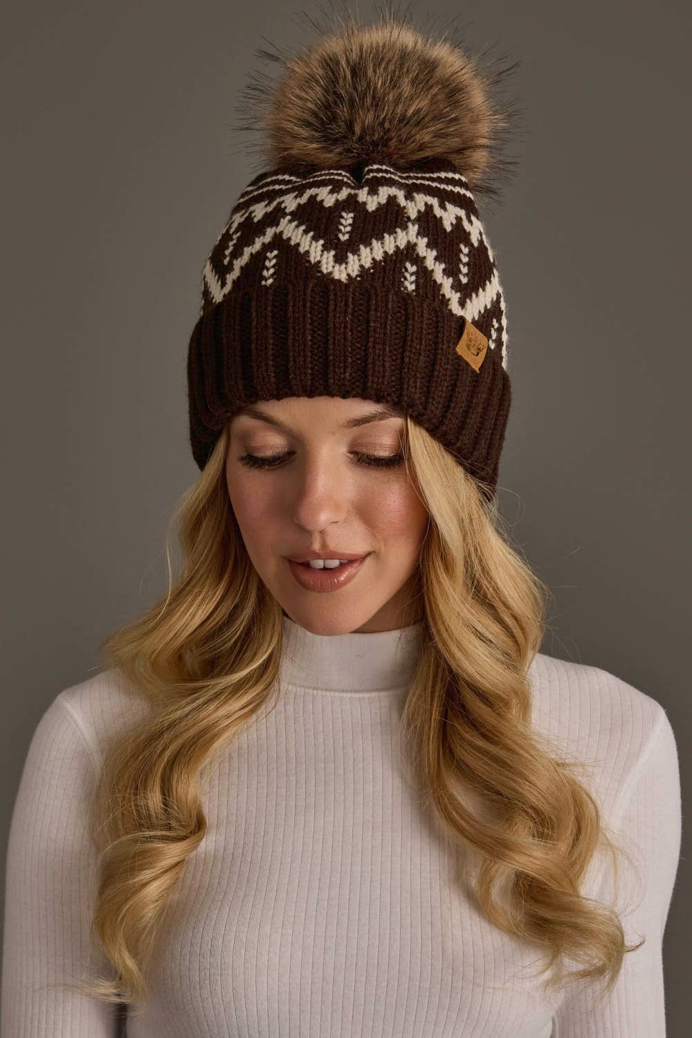 Chocolate Brown & Beige Pom Hat