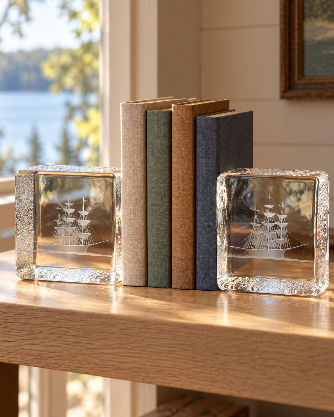 Vintage Etched Tall Ship Glass Bookends — Pair