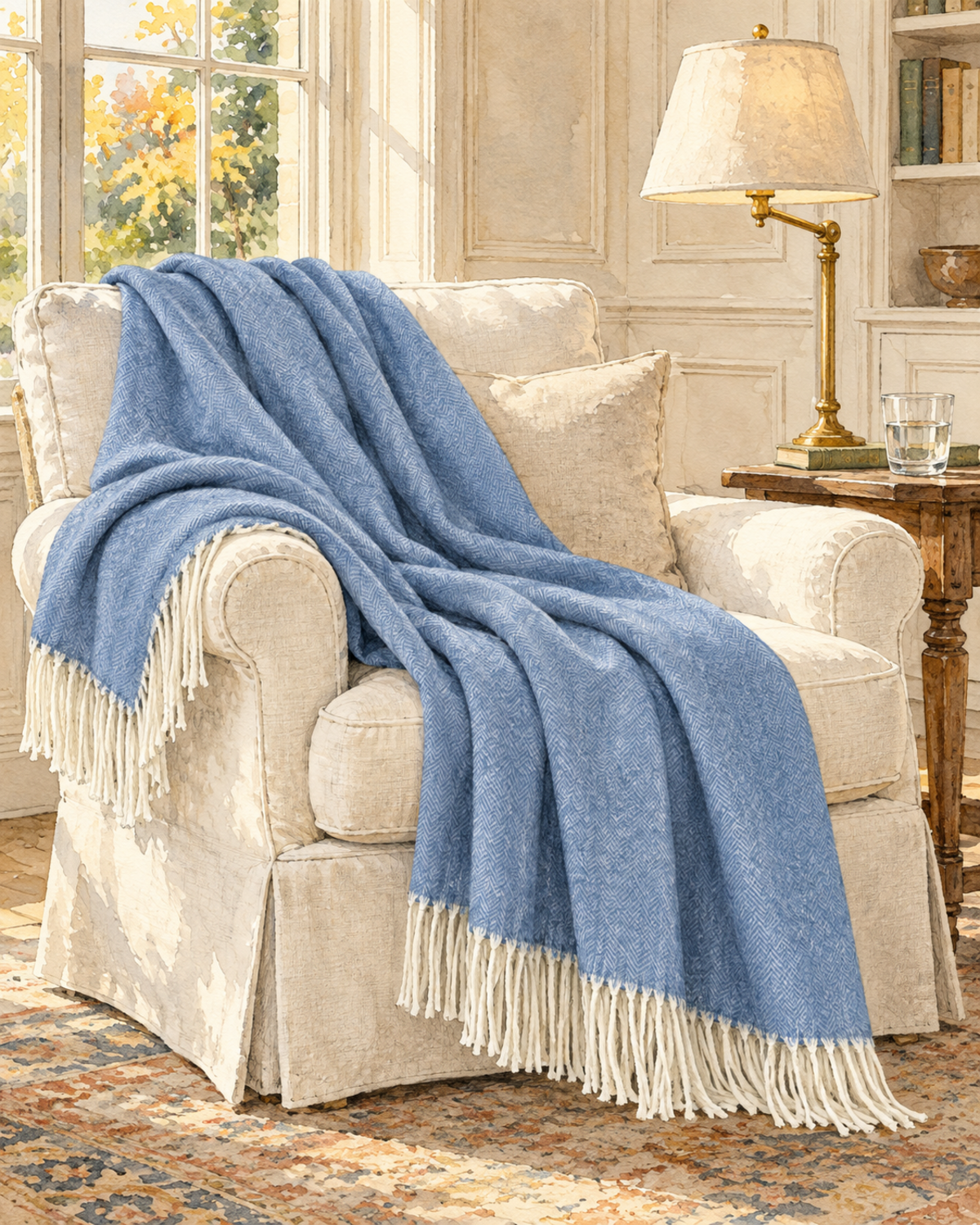 Watercolor illustration of the Chambray Italian herringbone throw on a cream armchair.