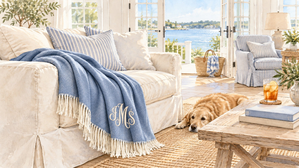 Watercolor illustration of an Italian herringbone throw in a coastal setting.