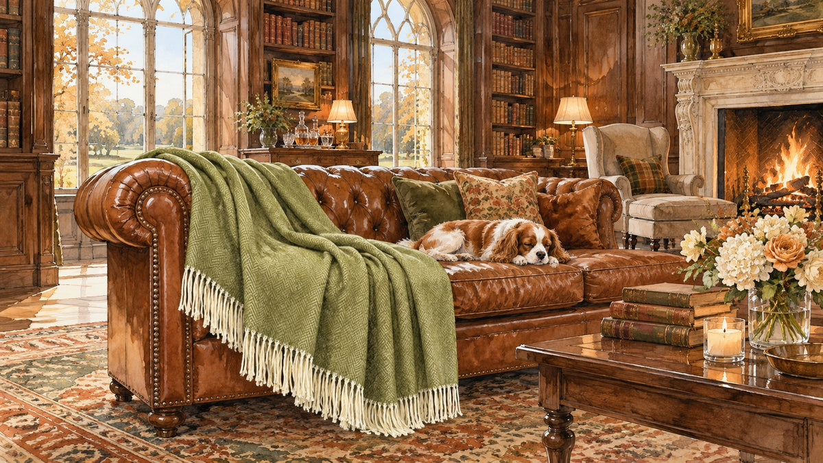 Watercolor illustration of an Italian herringbone throw in a library setting.