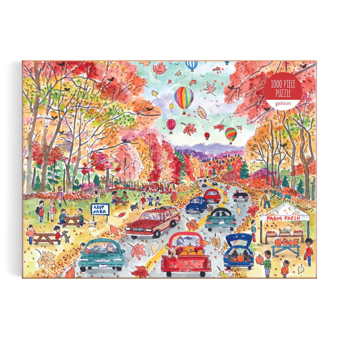 Leaf Peeping puzzle artwork showing autumn foliage, farm stands and hot air balloons