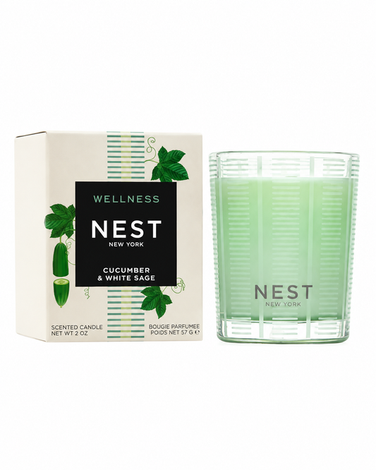 Nest Cucumber & White Sage Votive with gift box on white background