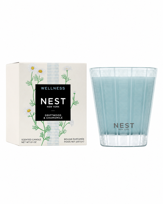 Nest Driftwood & Chamomile Classic Candle with gift box on white background