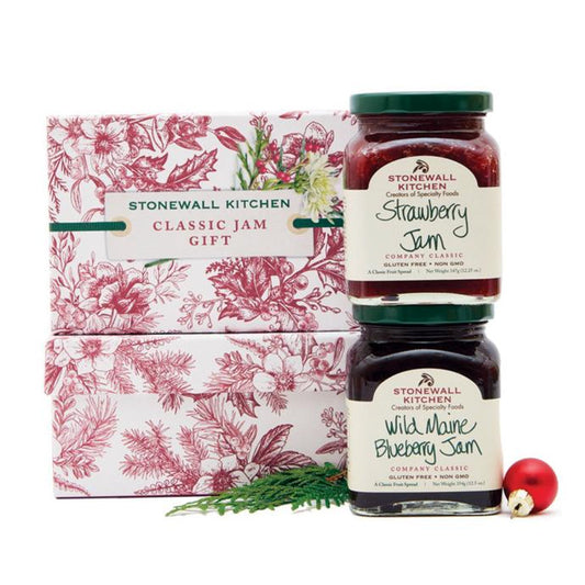 Holiday 2026 Classic Jam Collection with decorative gift box, Strawberry Jam and Wild Maine Blueberry Jam