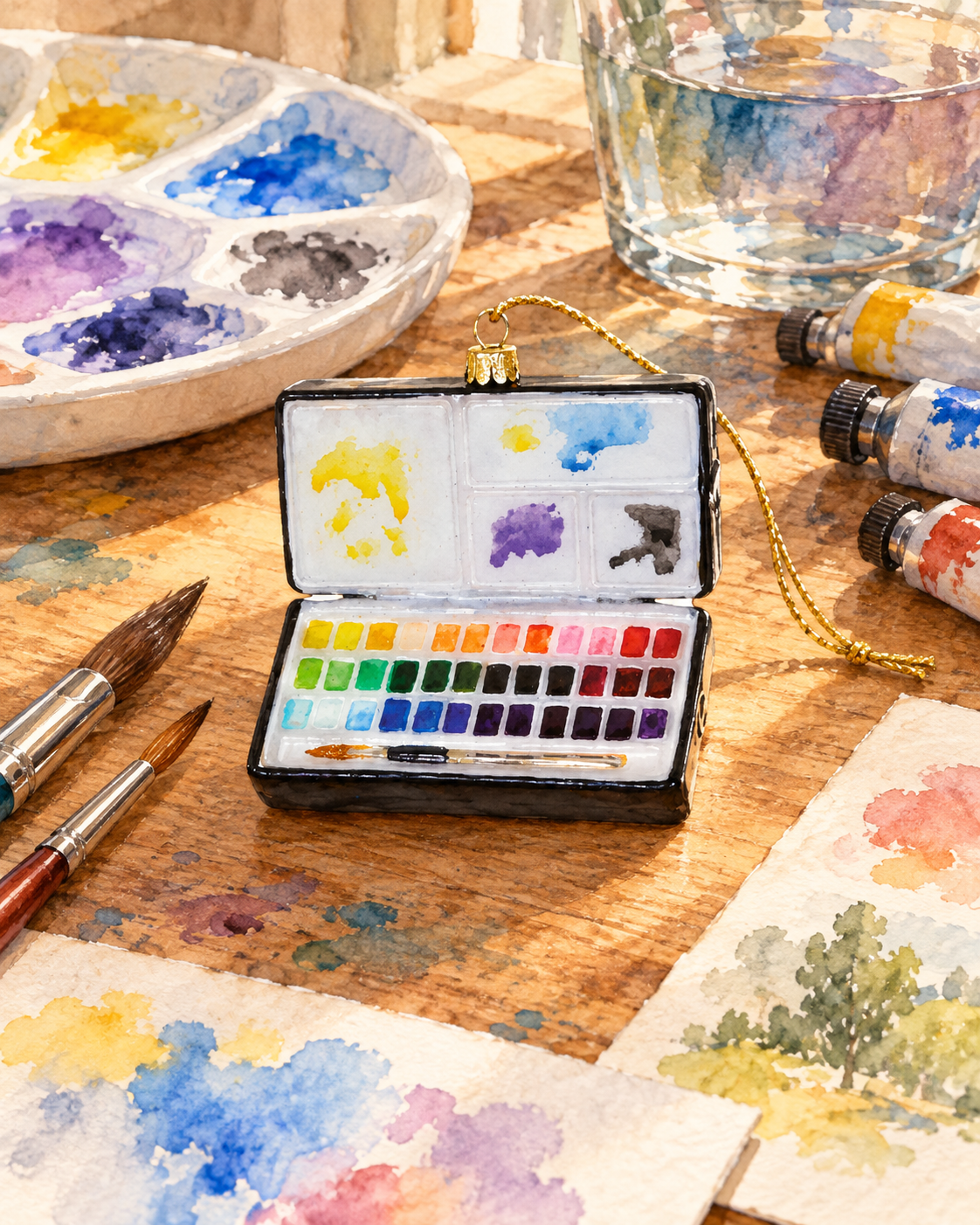 Watercolor illustration of the paintbox ornament on an artist’s table; surrounding art supplies are styling props