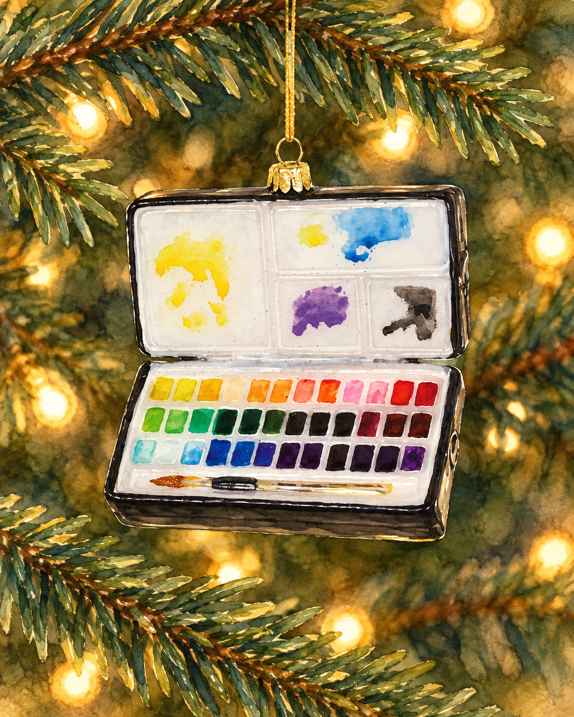 Watercolor illustration of the paintbox ornament hanging on a Christmas tree